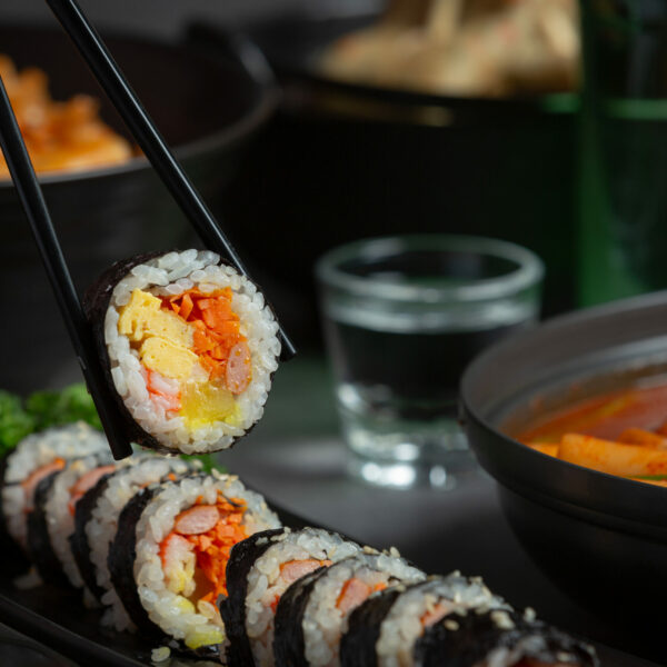 Korean food, Kim Bap - Steamed rice with vegetables in seaweed.